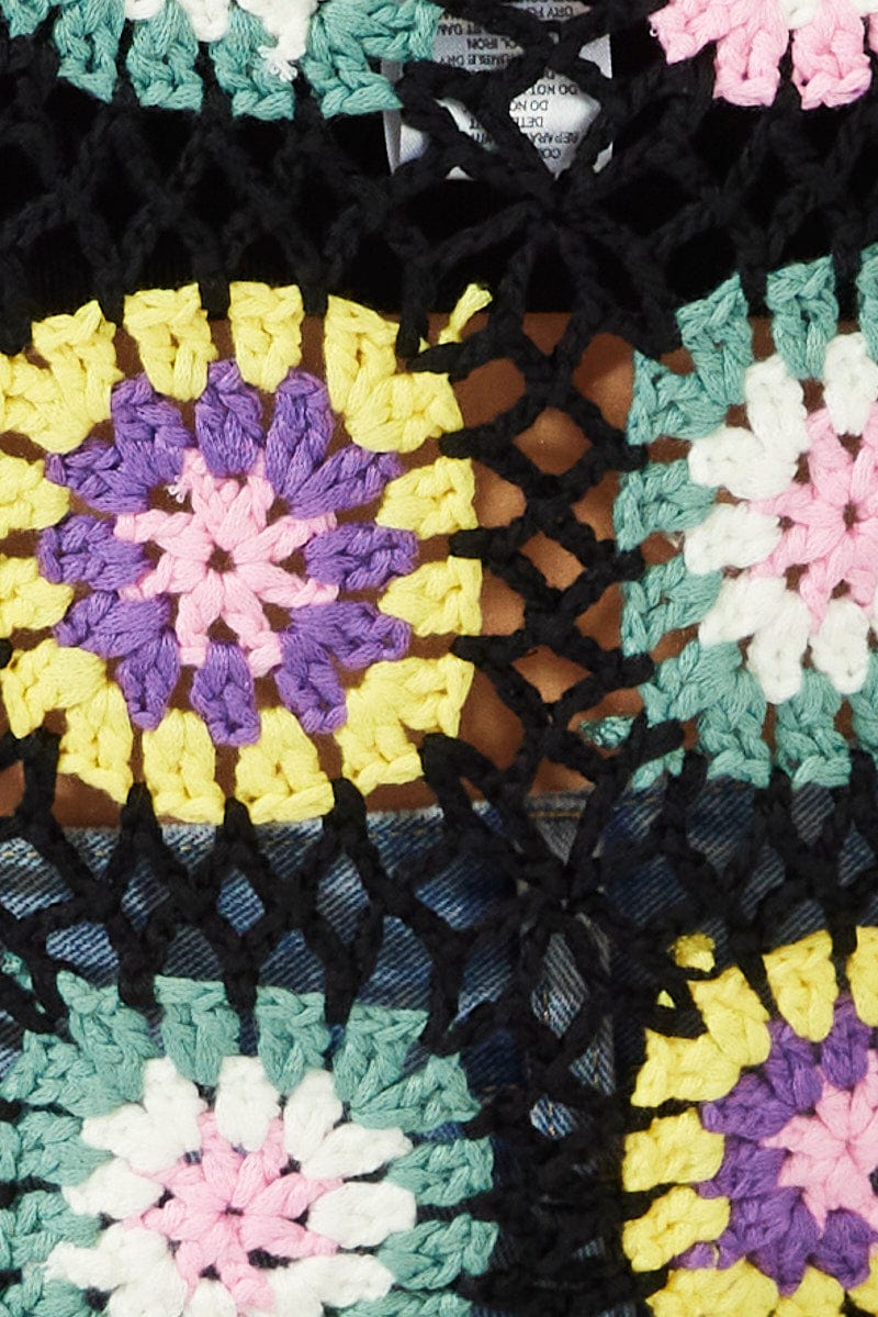 Black Floral Crochet Top Crop Square Neck