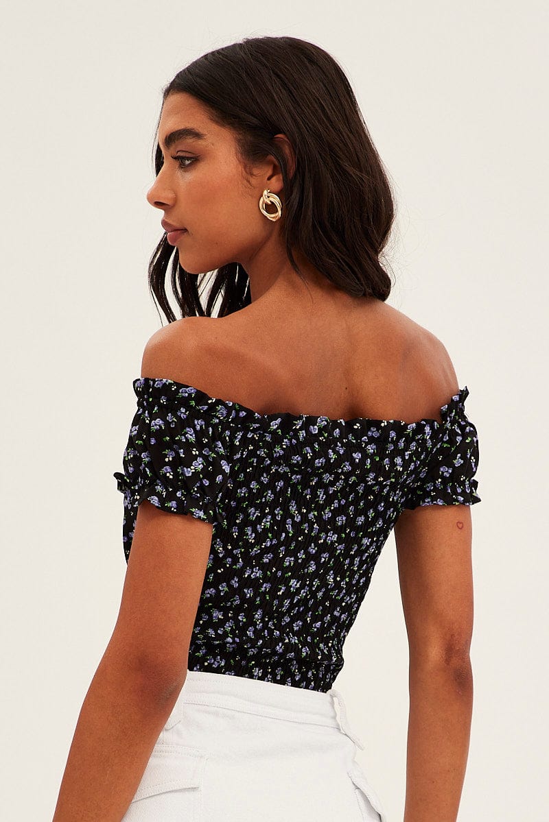 Black Ditsy Ditsy Print Puff Sleeve Tie Front Shirred Bodysuit