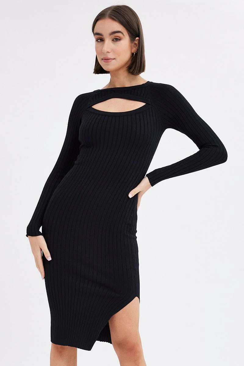 Black Midi Dress Long Sleeve Round Neck Keyhole Rib Knit
