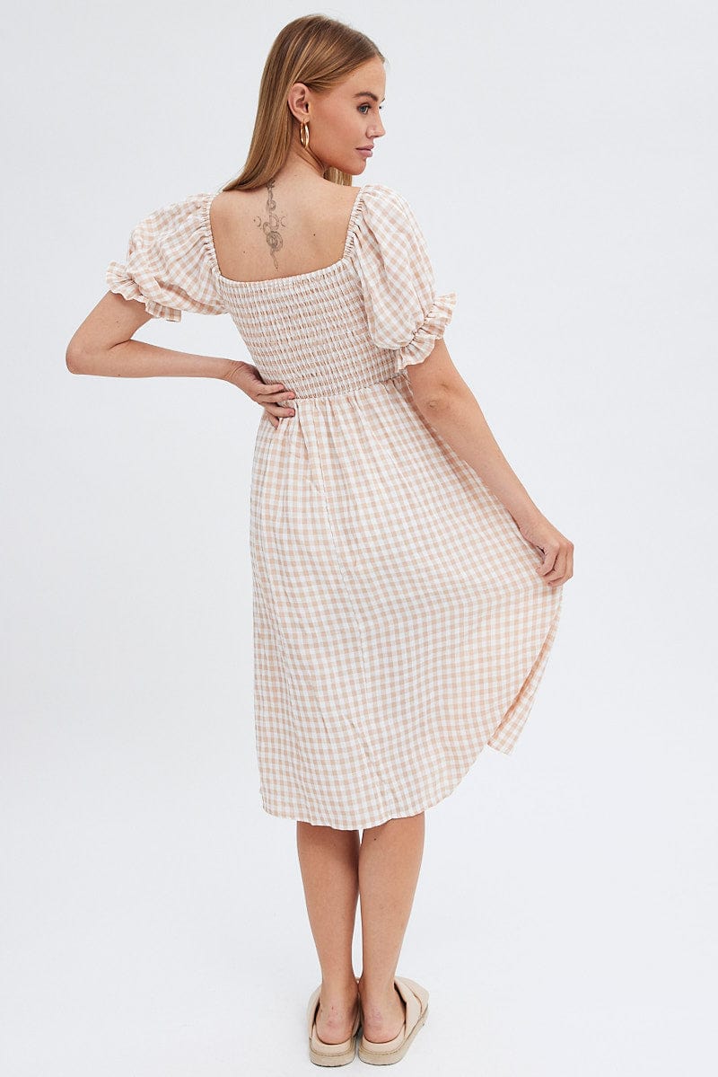 Check Mini Dress Short Sleeve Square Neck