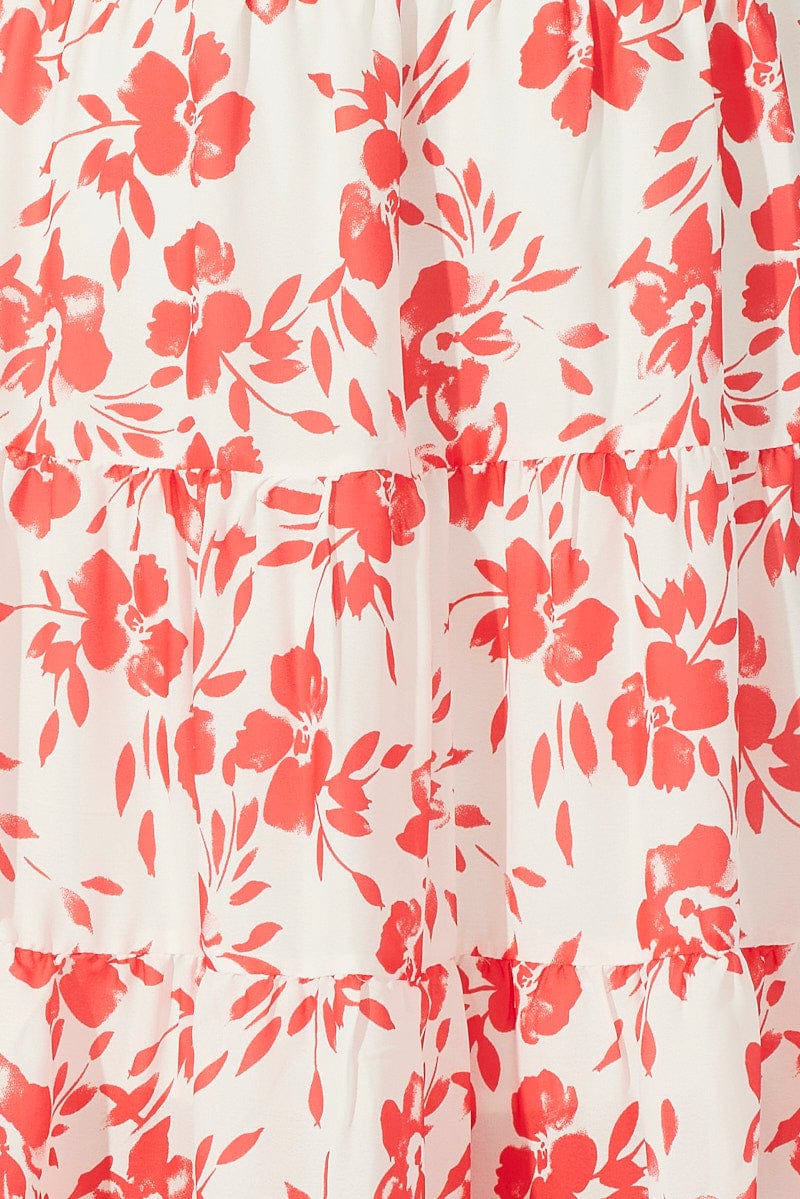 Red Floral Maxi Dress Short Sleeve Shirred Tiered