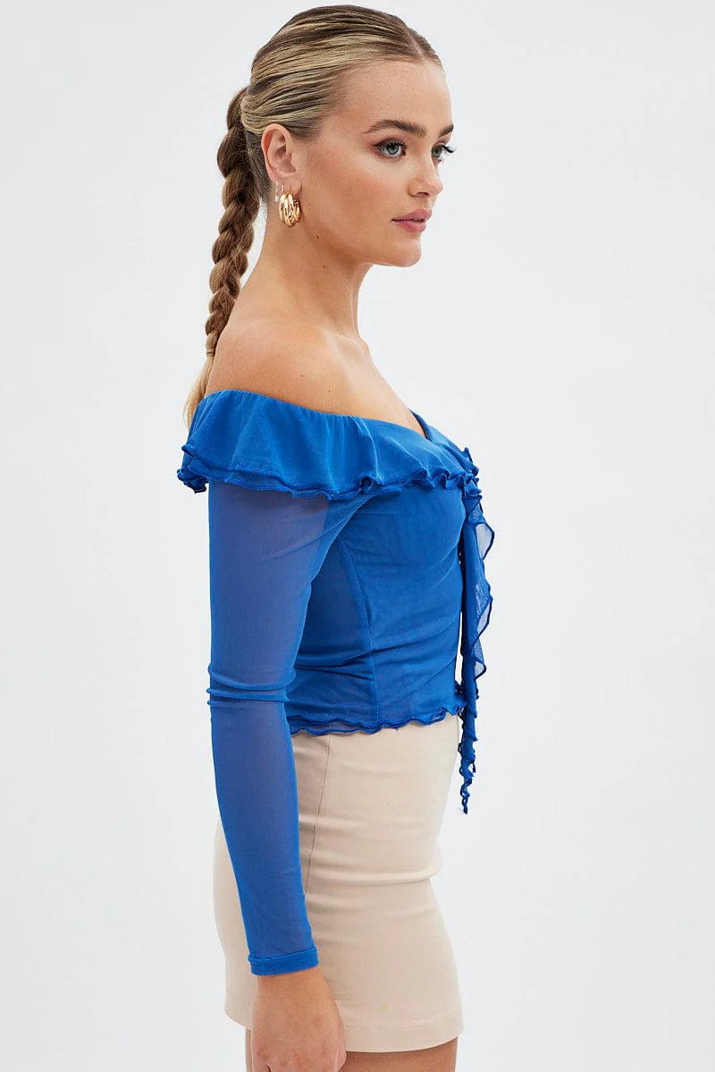 Blue Mesh Top Long Sleeve Off Shoulder Frill Lined