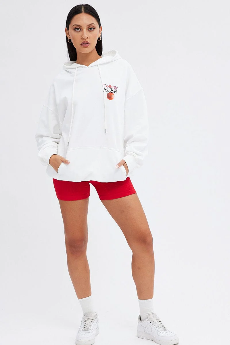 White Hoodie Sweater Long Sleeve Longline Basketball
