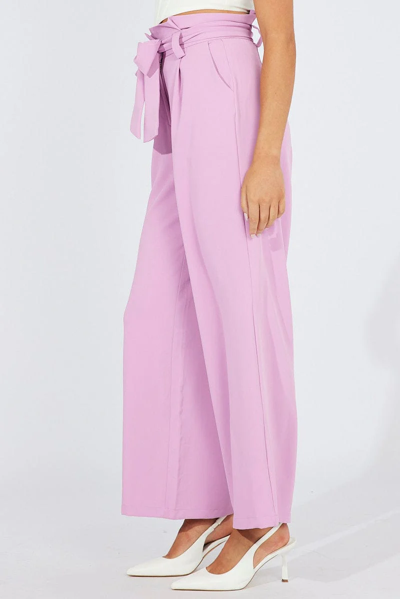 Pink Wide Leg Pants Paper Bag Waist