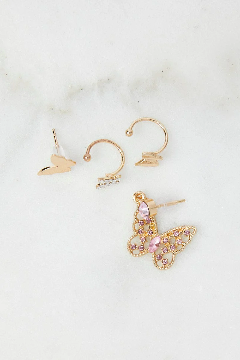 Gold 4 Pack Butterfly Stud Earrings