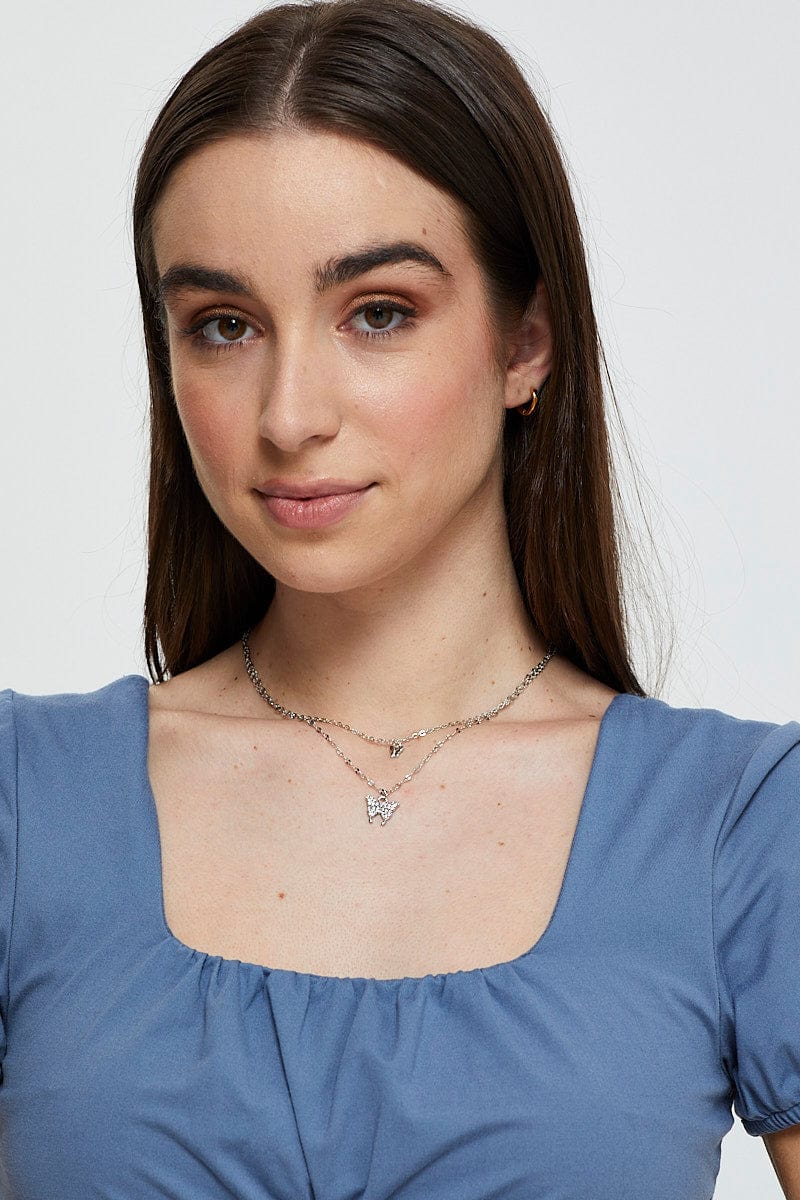 Silver Butterfly Charm Layered Necklace
