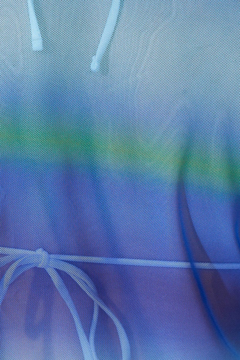 Blue Abstract Tie Up Front Top Long Sleeve Mesh