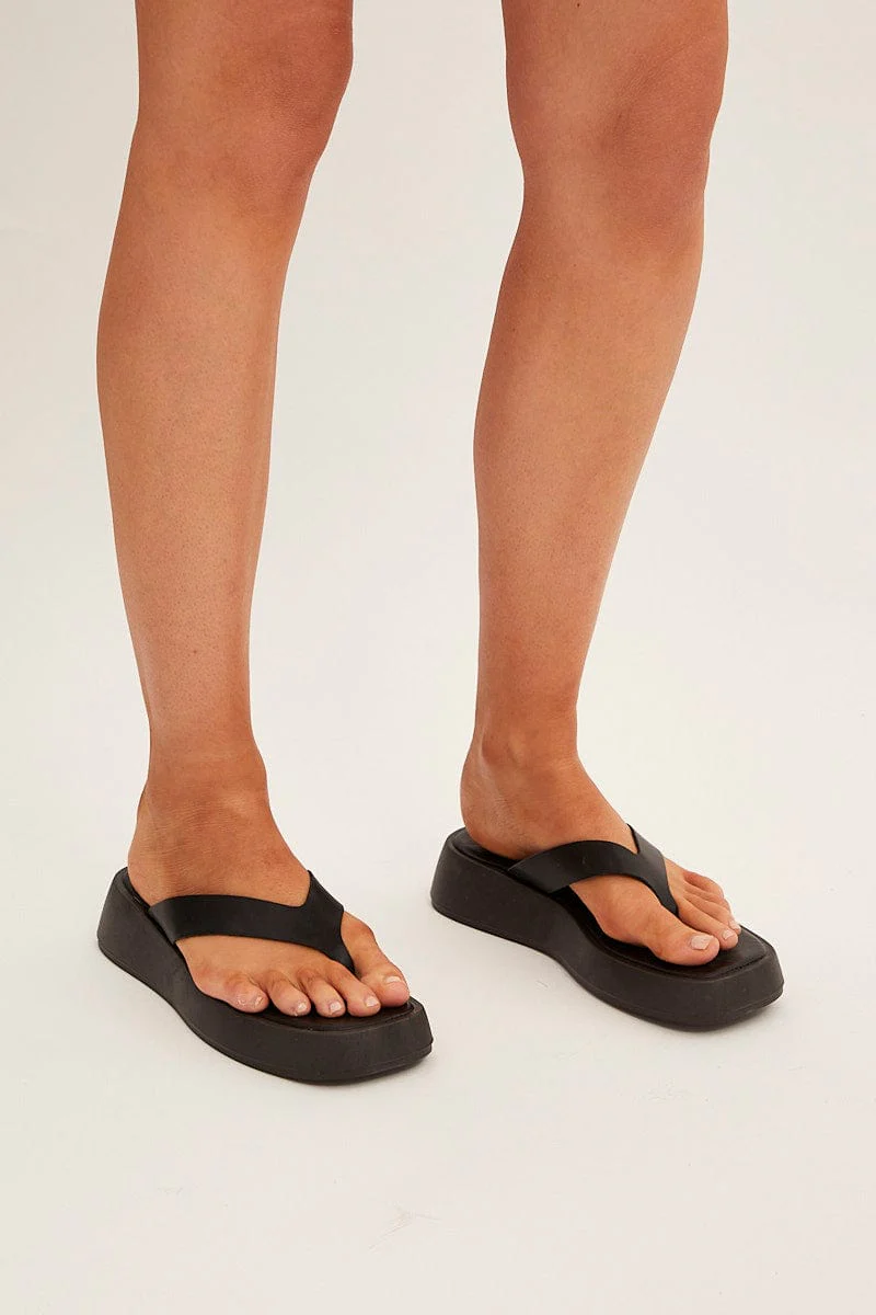 Black Toe Post Thong Wedge Sandals