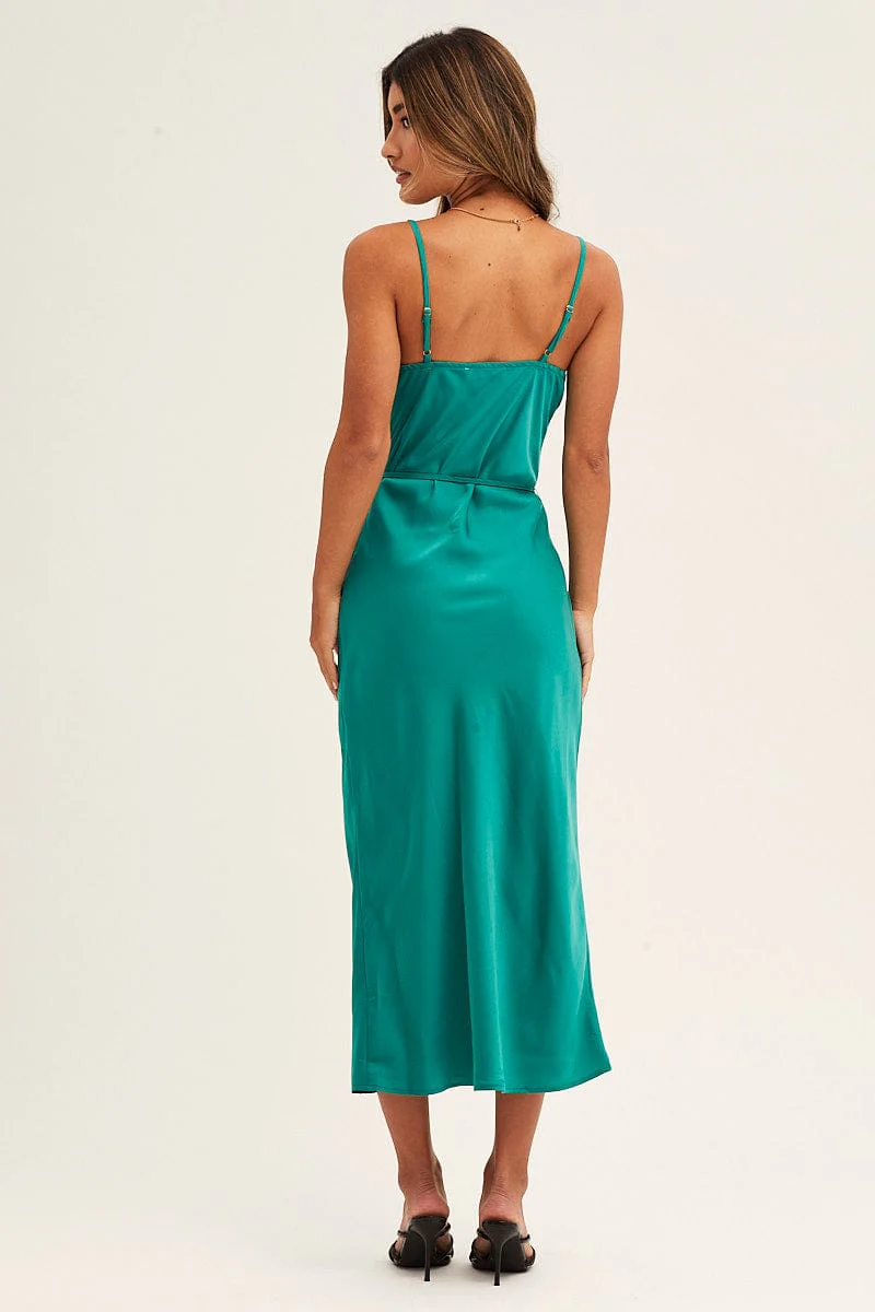 Green Midi Dress Cowl Neck Tie Slip Satin
