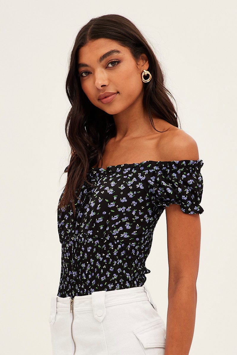 Black Ditsy Ditsy Print Puff Sleeve Tie Front Shirred Bodysuit