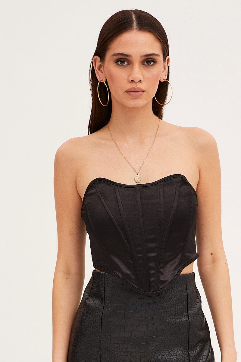 Black Bandeau Sleeveless Strapless Stretch Satin