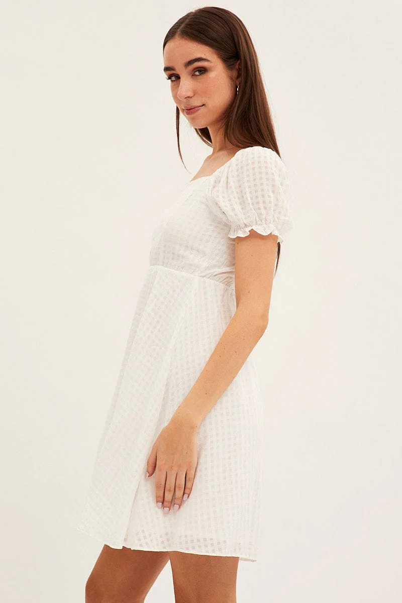 White Square Neck Puff Sleeve Skater Dress