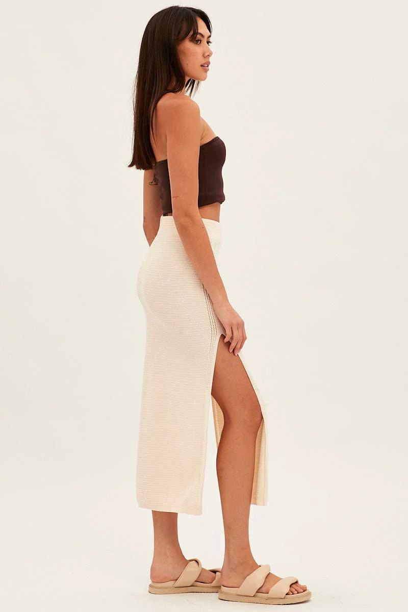 Beige Midi Skirt Knit Front Split
