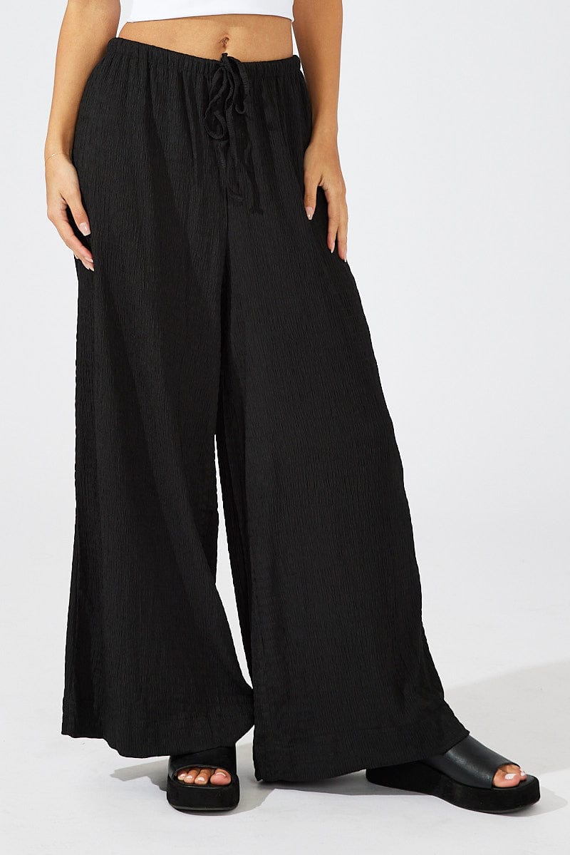 Black Wide Leg Pants High Rise Textured Fabric