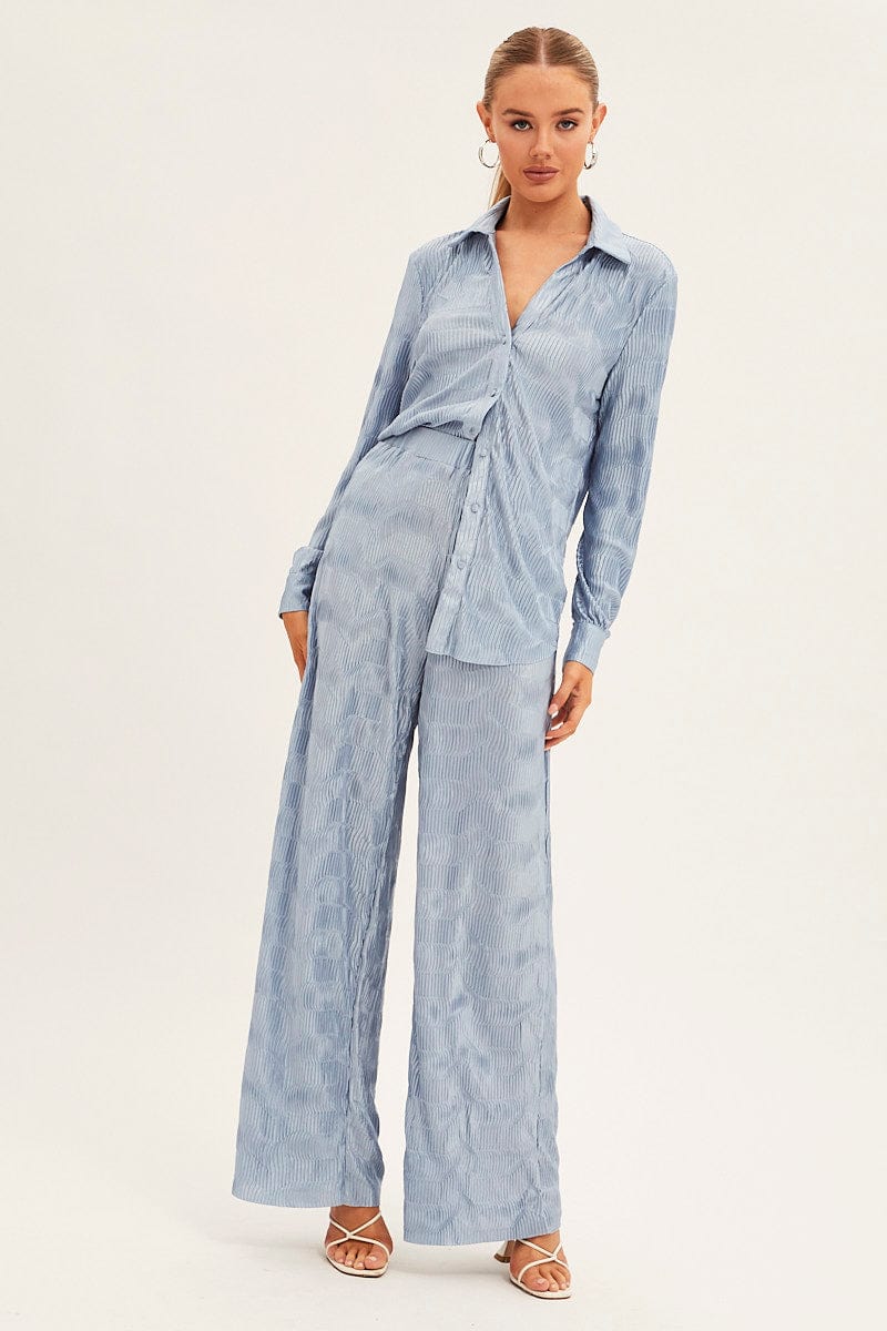 Blue Plisse Pants Wide Leg