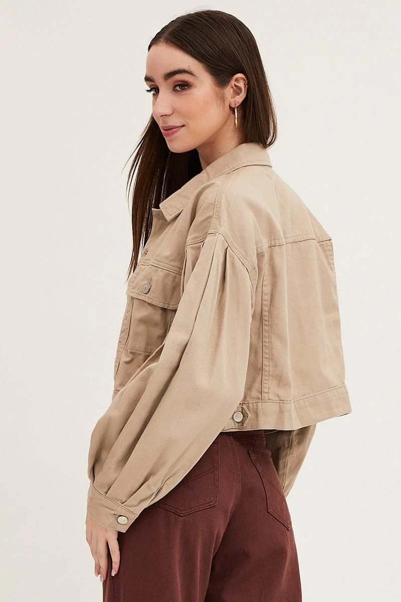 Beige Long Sleeve Cropped Denim Jacket
