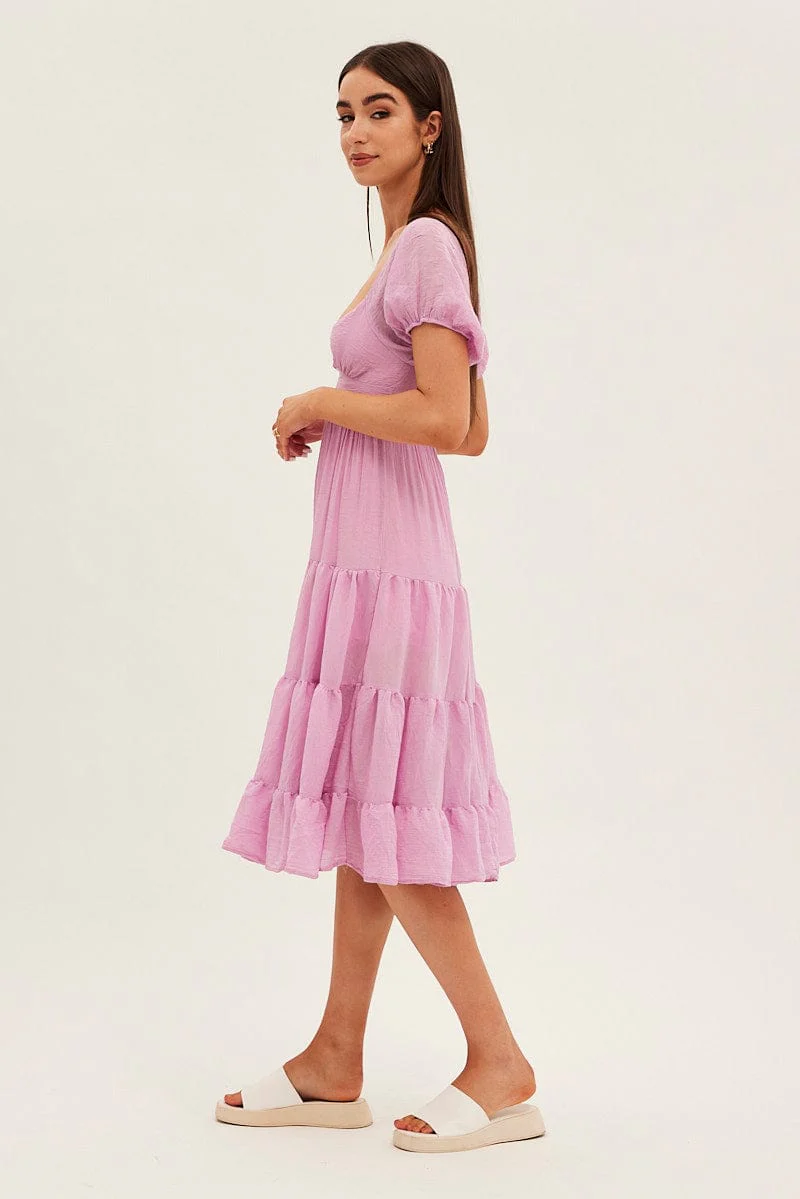 Pink Midi Dress Short Sleeve V-Neck