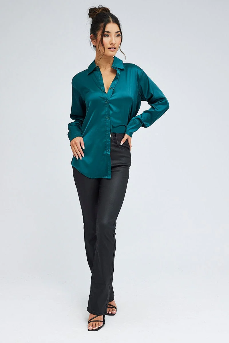 Green Shirt Long Sleeve Collared Neck Satin