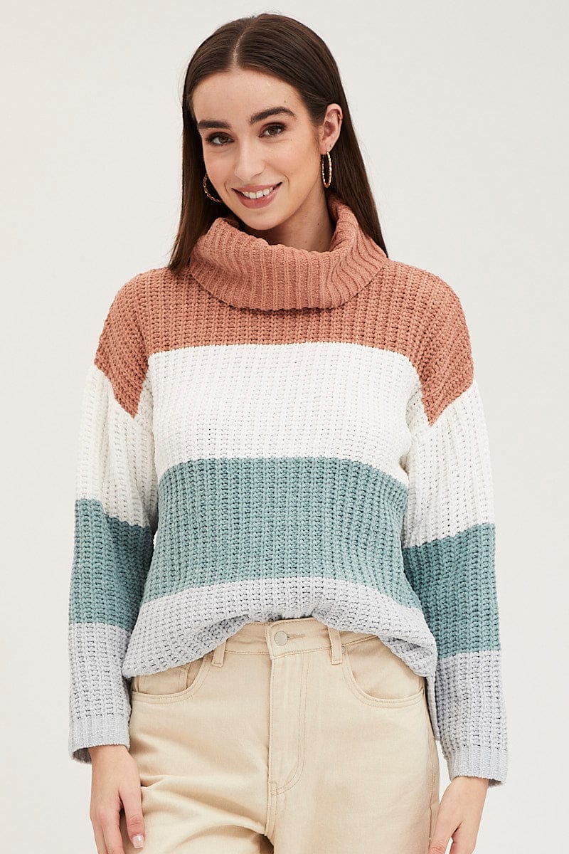 Stripe Knit Top Long Sleeve Relaxed Turtleneck
