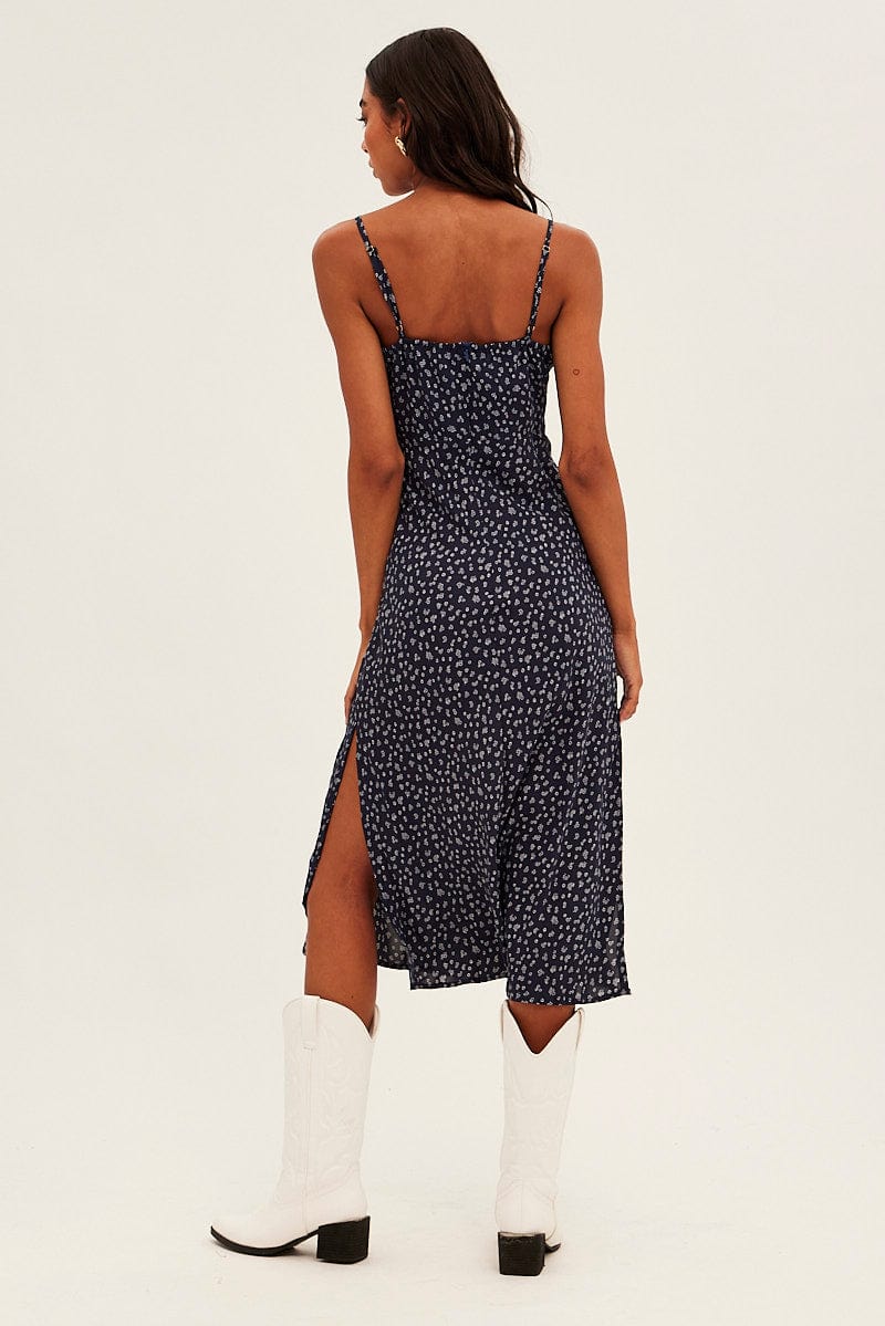 Black Ditsy Midi Dress Sleeveless Ruched Bust