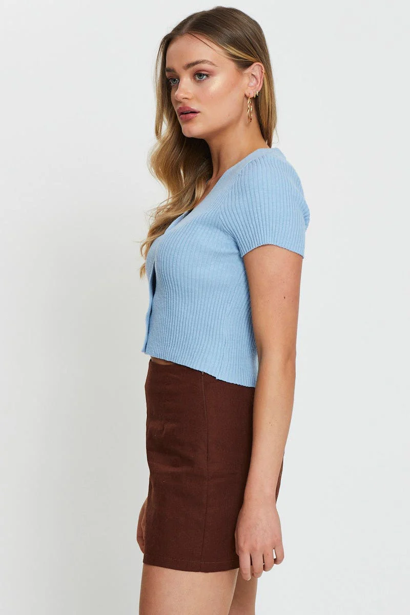 Blue Knit Cardigan Short Sleeve Crop V-Neck