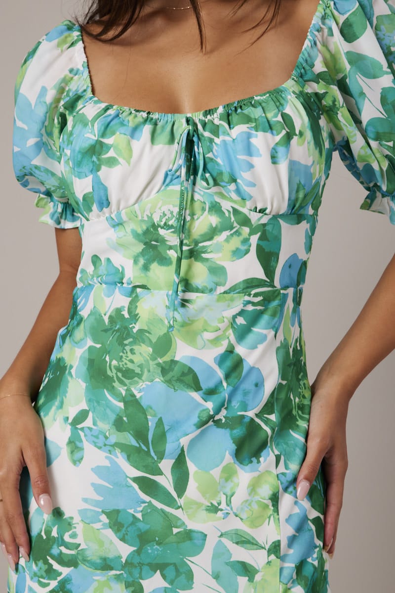 Green Floral Midi Dress Puff Sleeve