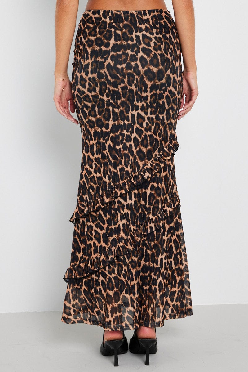 Brown Animal Print Maxi Skirt Leopard Ruffle Mesh Maxi
