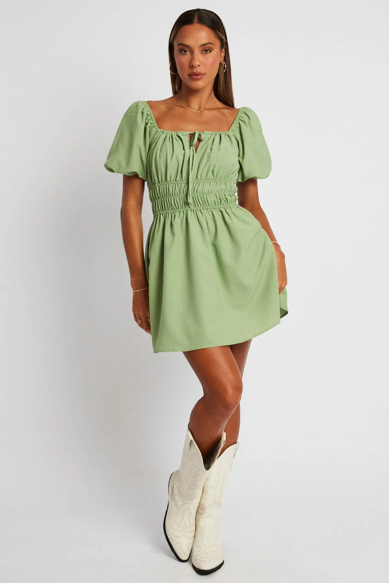 Green Fit And Flare Dress Puff Sleeve Mini