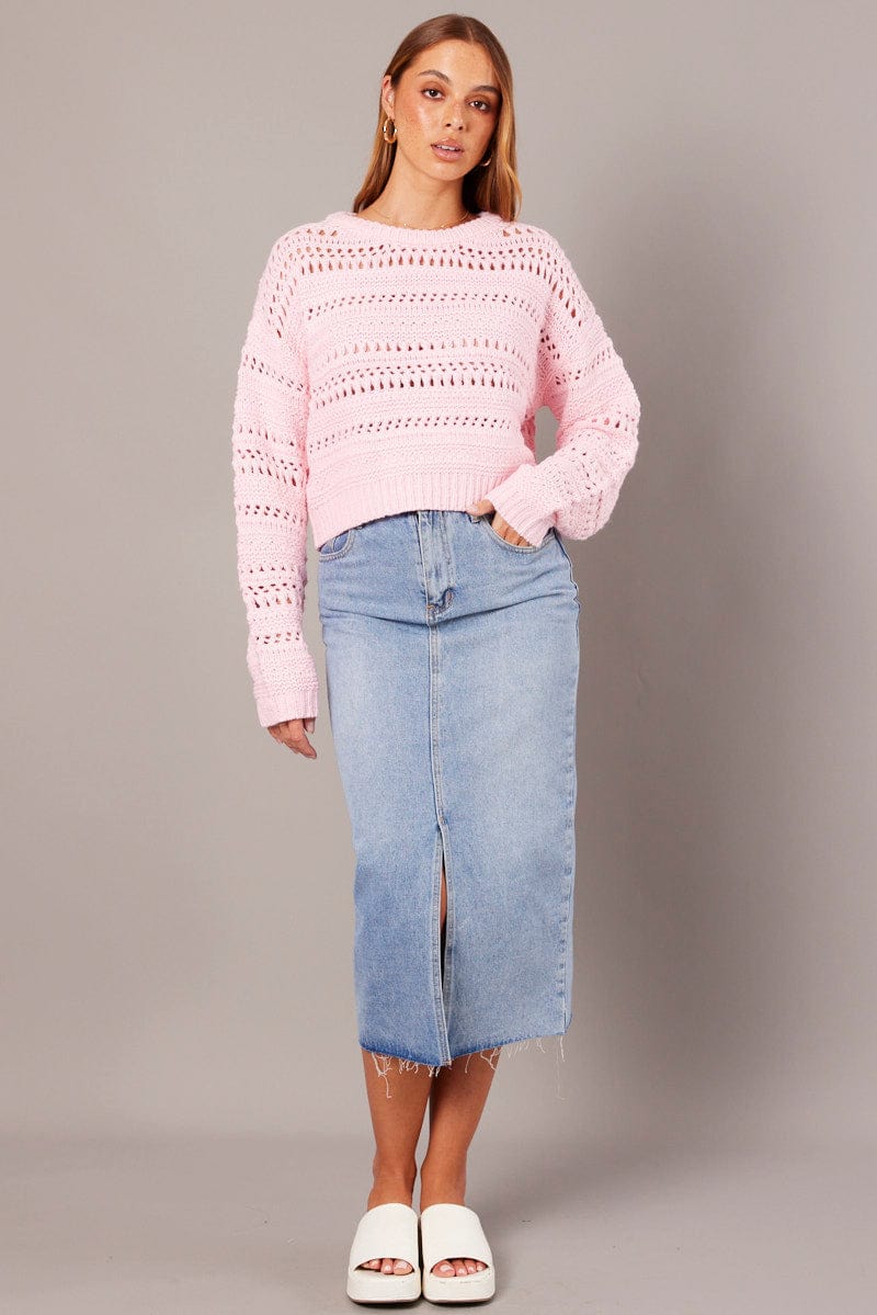Pink Crochet Jumper Long Sleeve Crew Neck