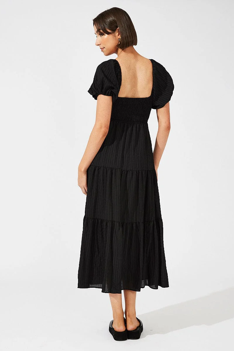 Black Midi Dress Puff Sleeve Ruch Front