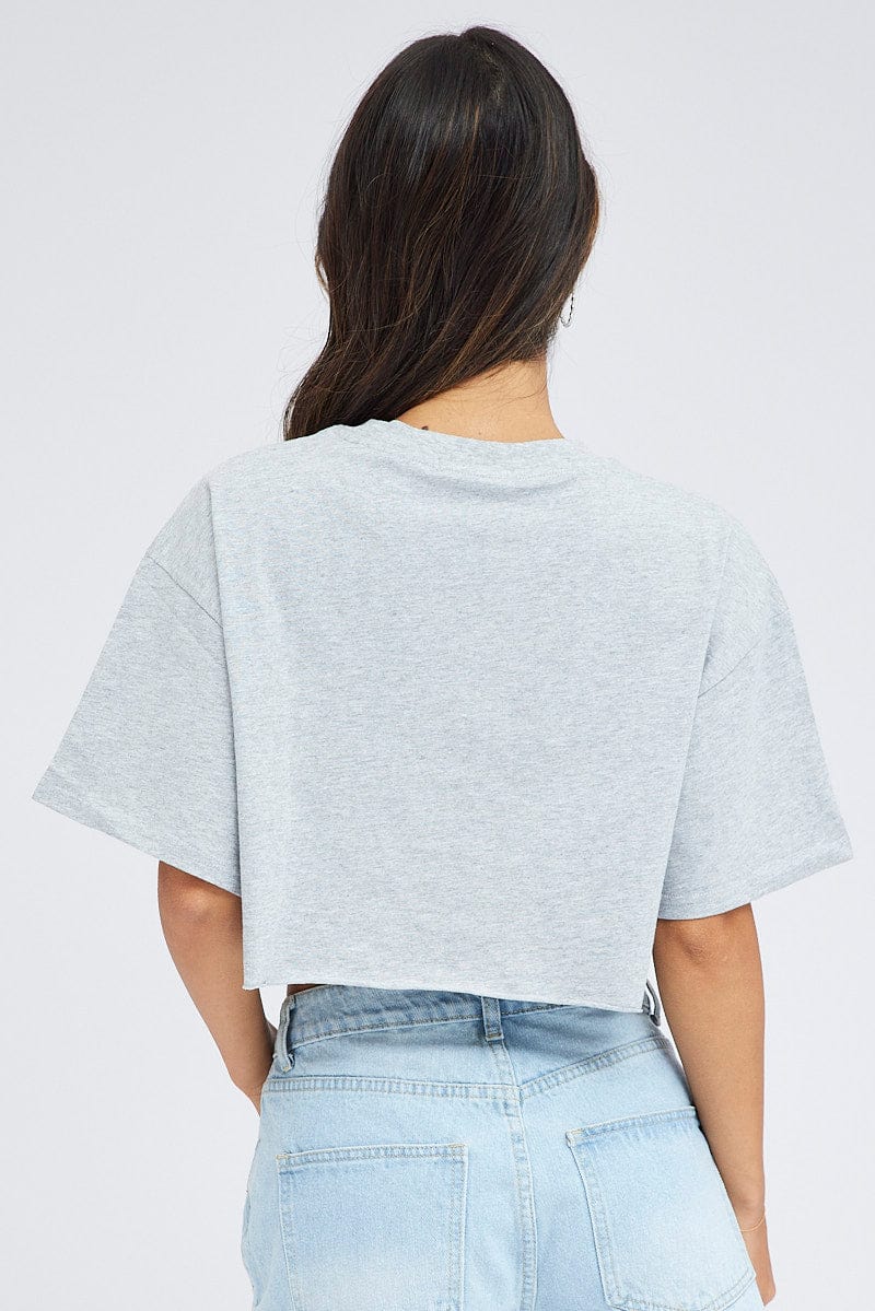 Grey Graphic Tee Short Sleeve Crop Round Neck