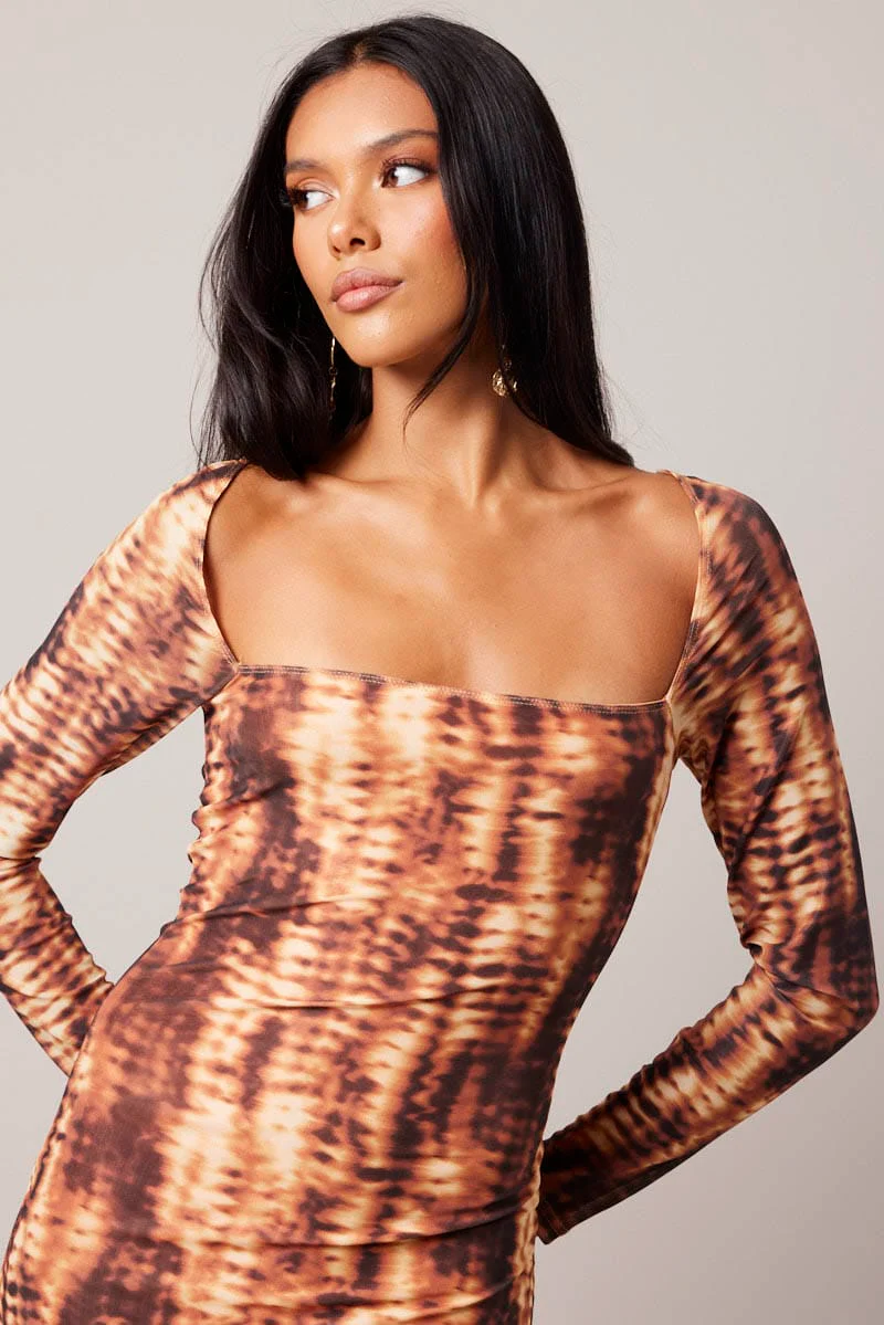 Brown Abstract Bodycon Dress Long Sleeve Square Neck Mesh