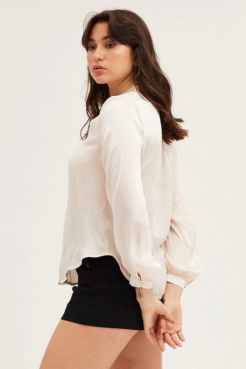 White Shirt Long Sleeve Gathered Satin