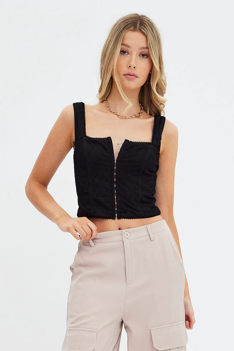 Black Singlet Sleeveless Scoop Neck Bustier Hook & Eye