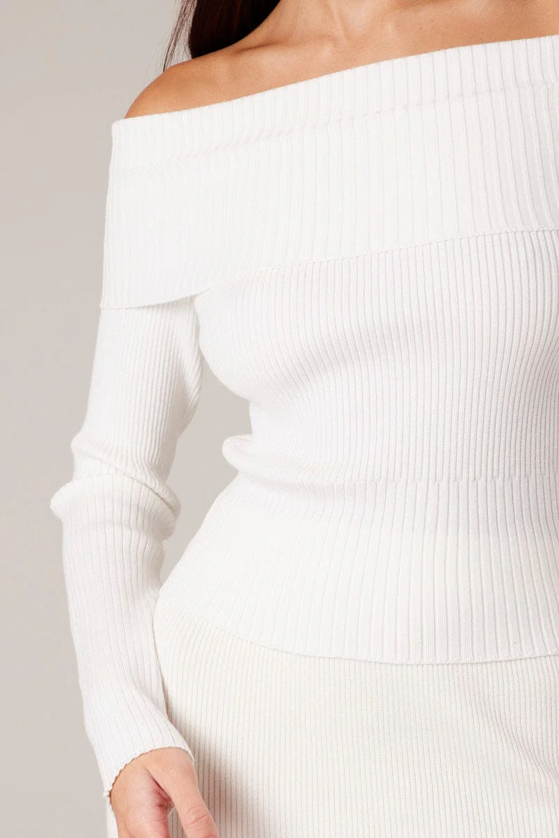 White Knit Top Long Sleeve Off Shoulder