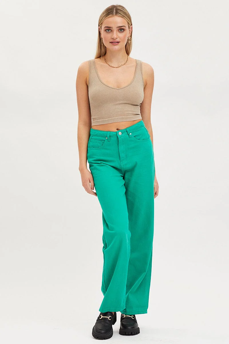 Green Straight Denim Jeans High Rise