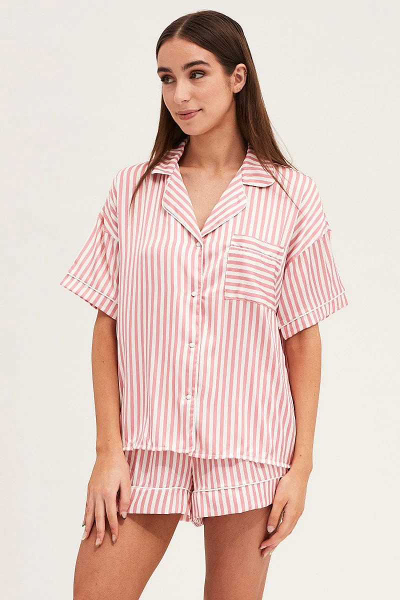 Stripe Satin Short Sleeve Top & Shorts Pj Set
