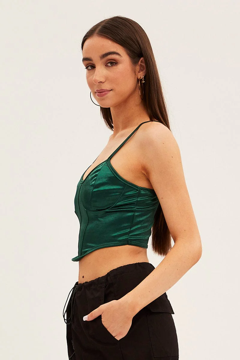 Green Solid Boned Corset Top