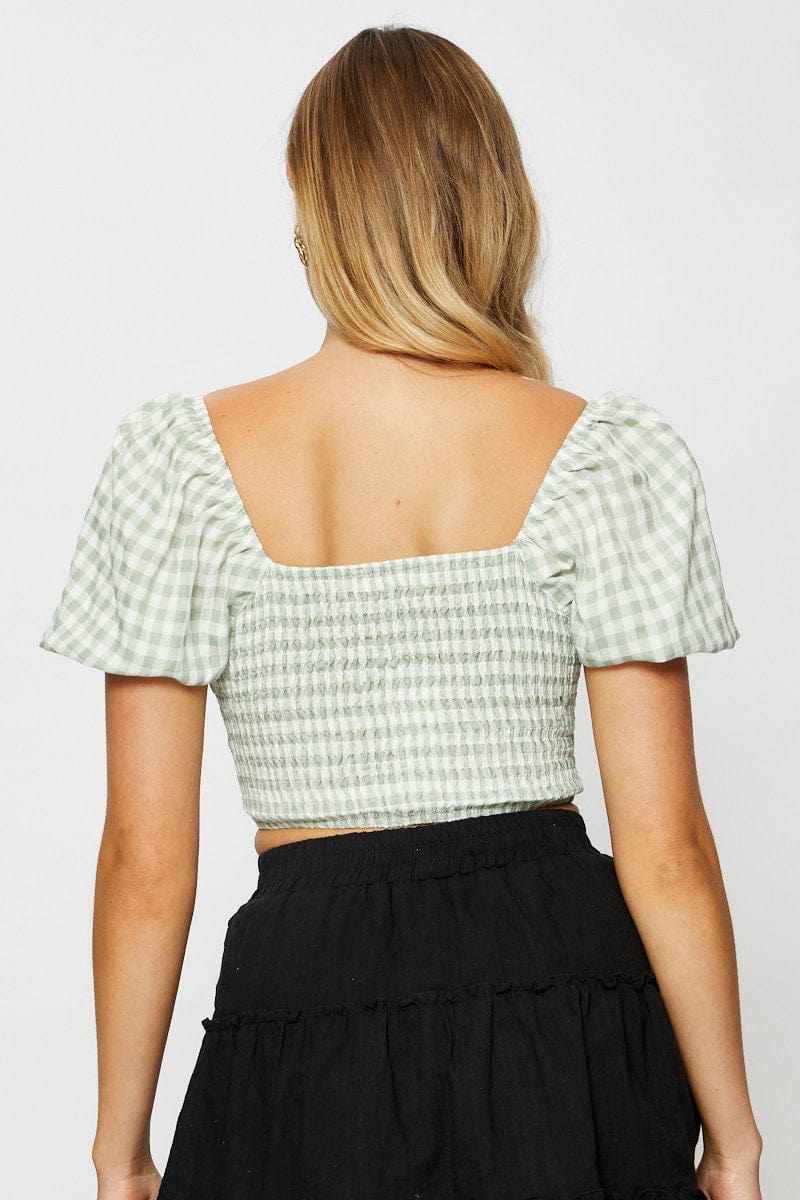 Check Crop Top Short Sleeve Tie Up