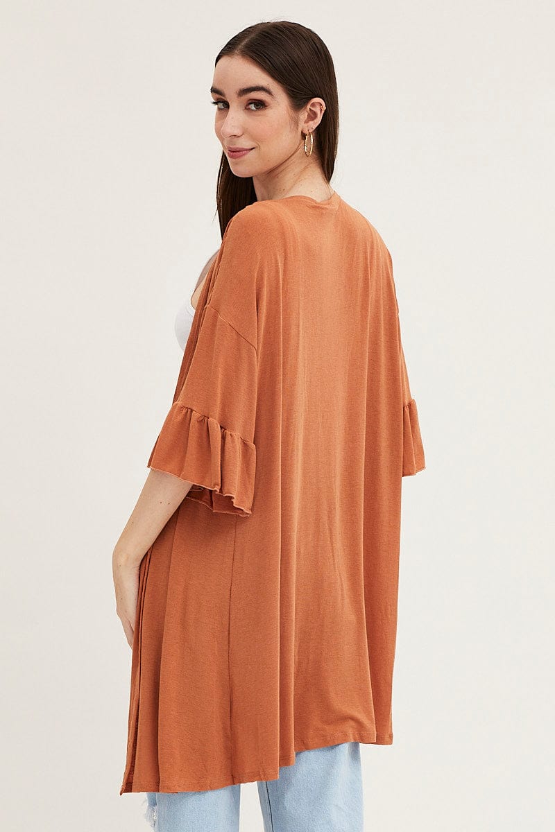 Beige Ruffle Sleeve Longline Cardigan