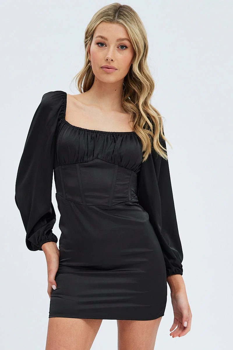 Black Mini Dress Corset Detail Long Sleeve