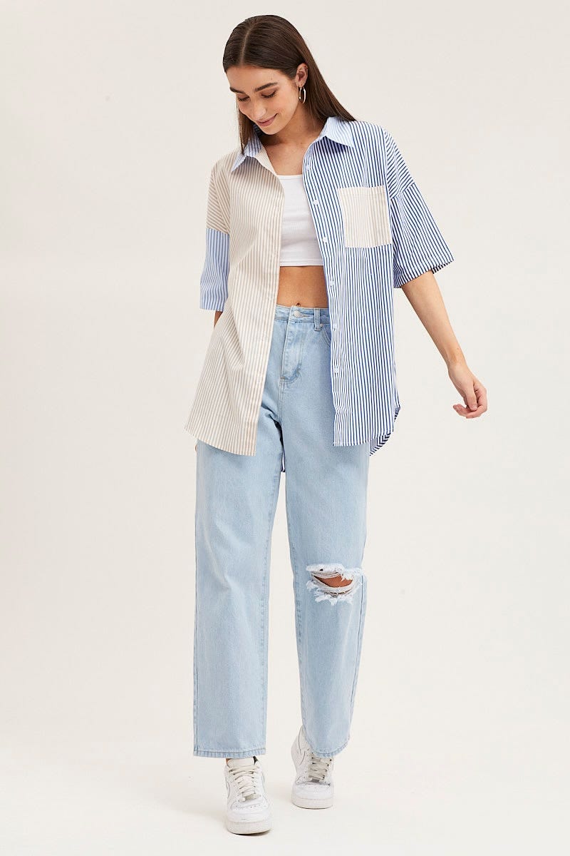 Stripe Half Sleeve Stripe Longline Shirt