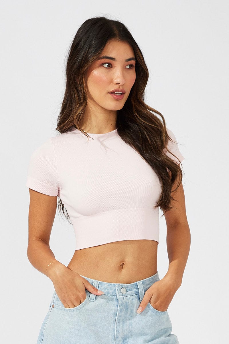 Pink T Shirt Short Sleeve Crew Neck Seamless