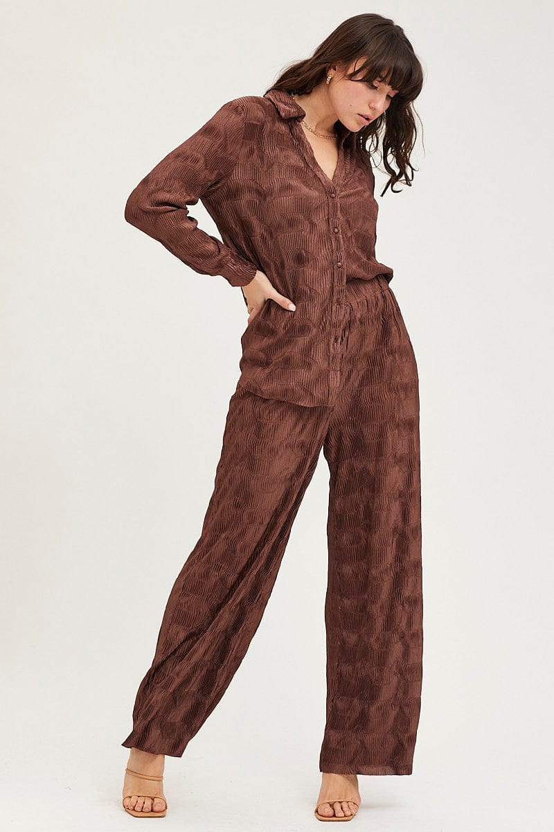 Brown Plisse Pants Wide Leg High Rise