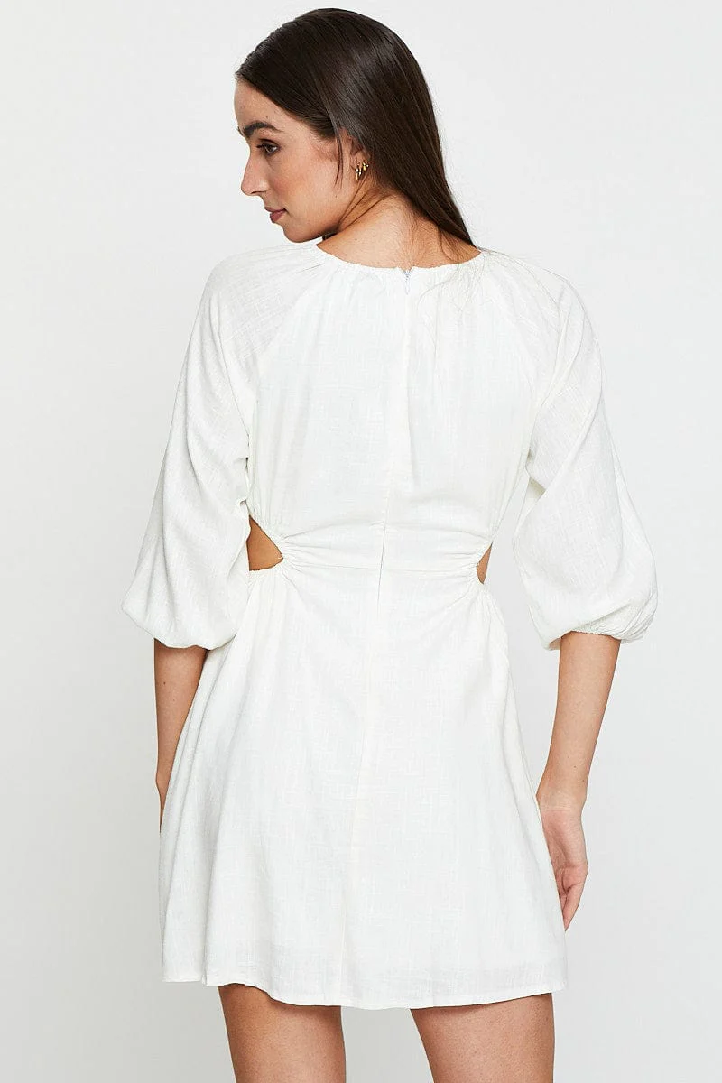 Beige Mini Dress Short Sleeve Linen