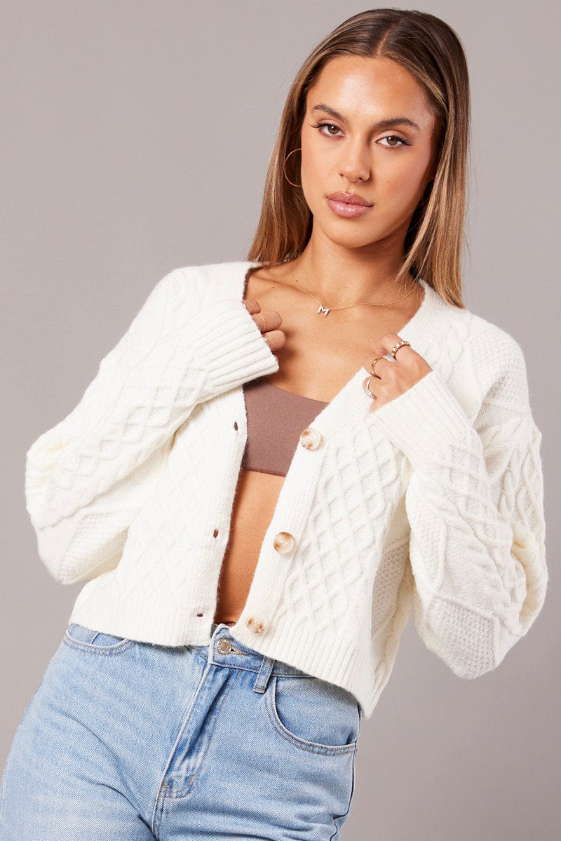White Cable Knit Cardigan Long Sleeve V Neck