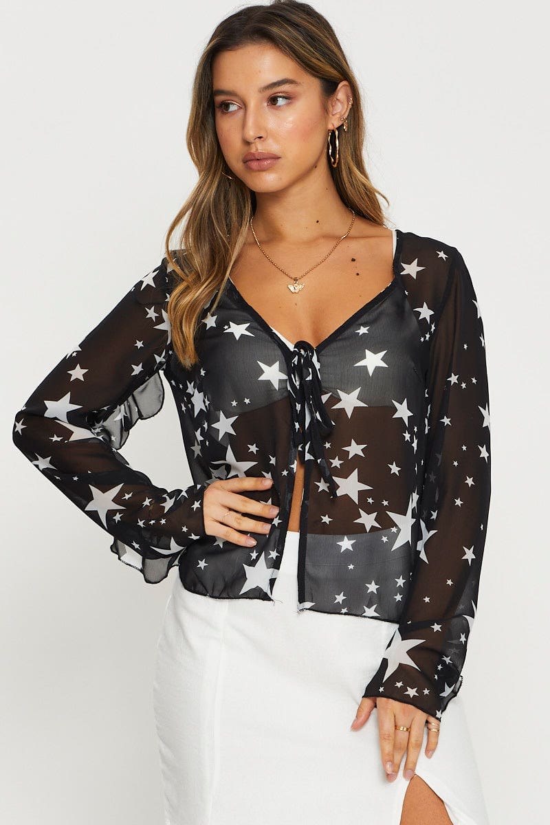 Print Sheer Top Long Sleeve