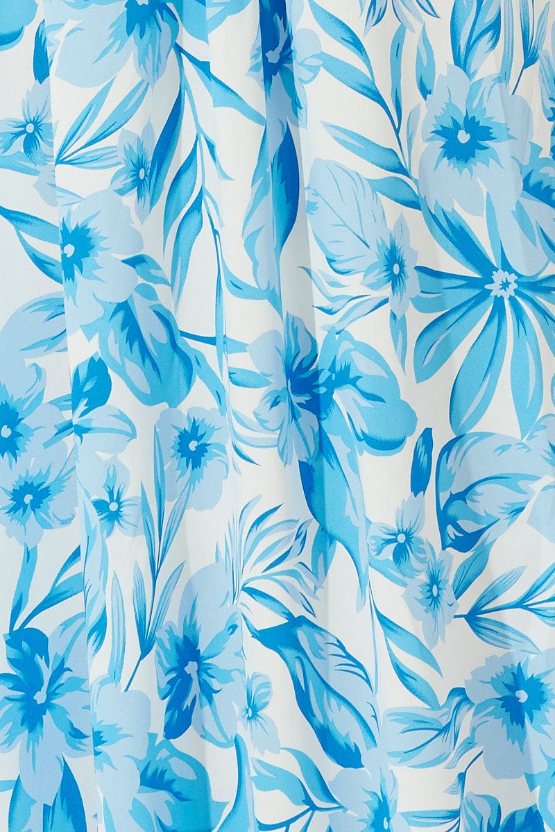 Blue Floral Maxi Skirt Flowy Boho Side Split Skirt