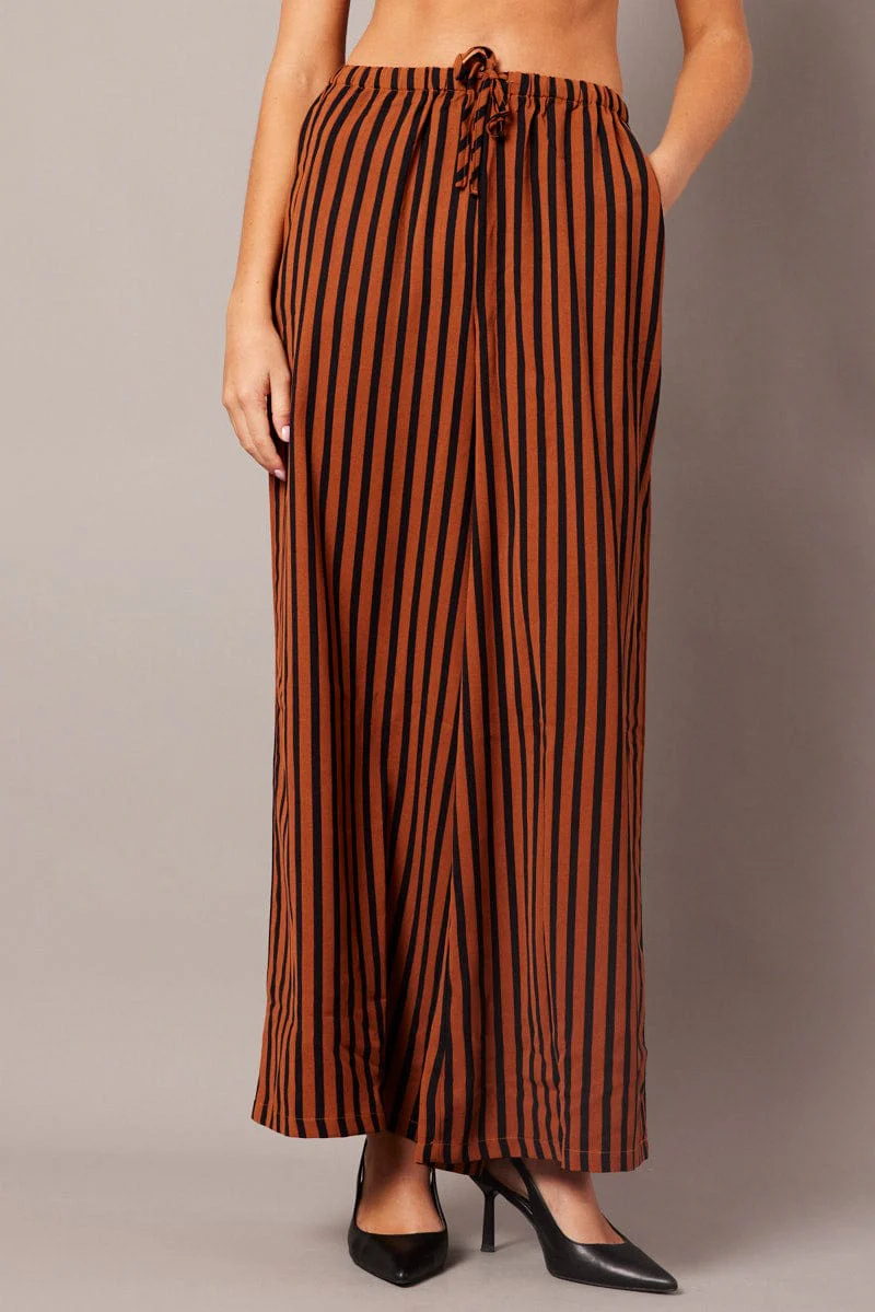 Brown Stripe Wide Leg Pants High Rise