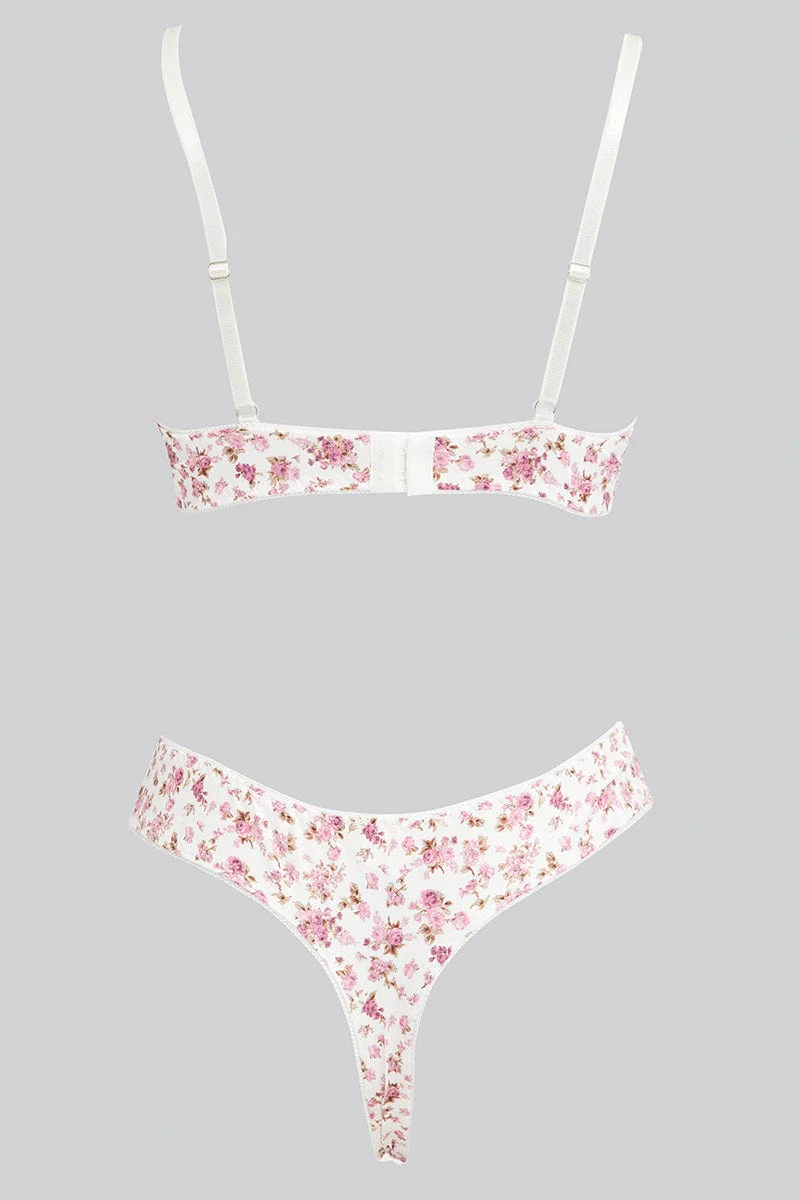 White Floral Floral Print Lace Lingerie Set